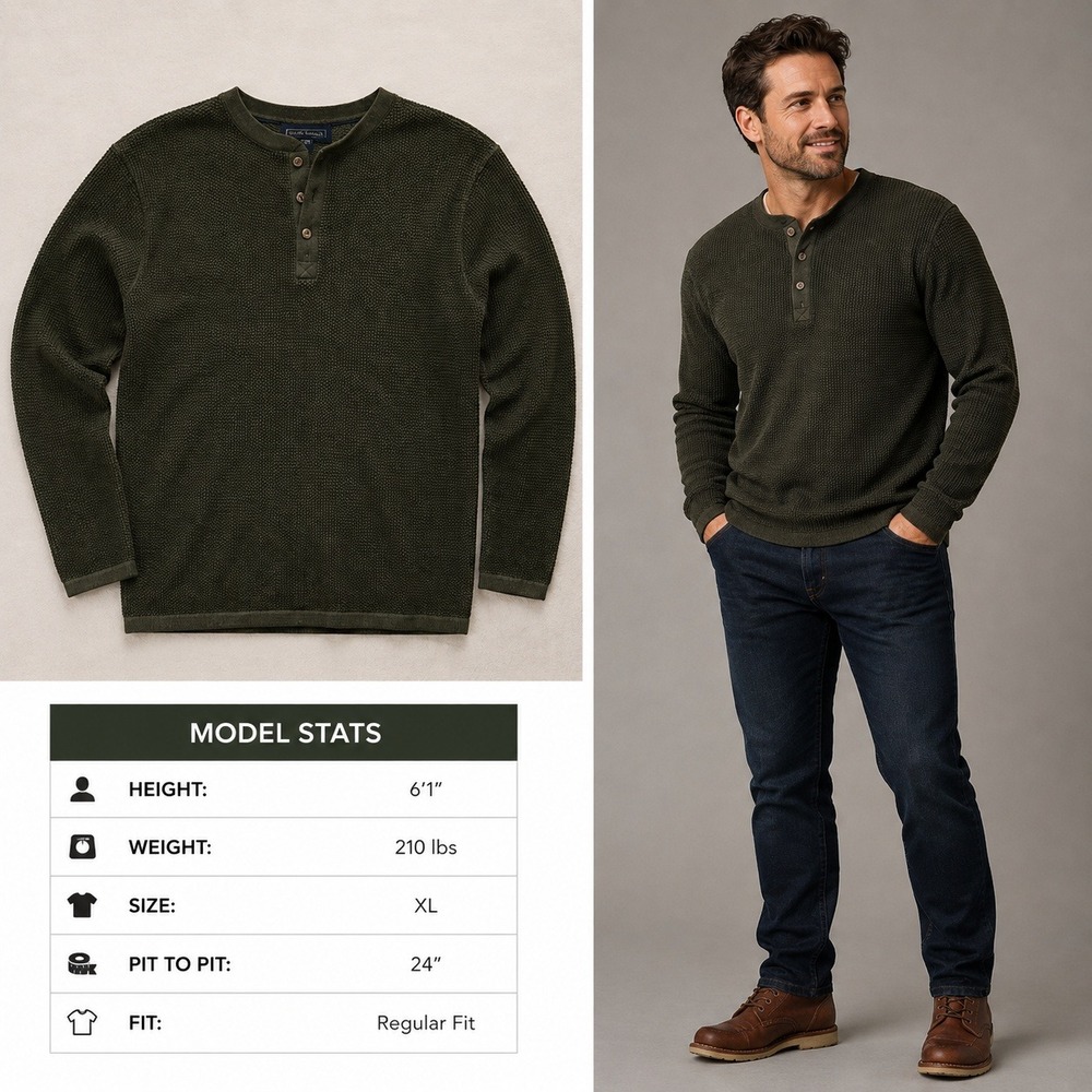 Bowen & Wright Mens XL Olive Green Waffle Knit Henley Sweater Ramie Cotton Blend